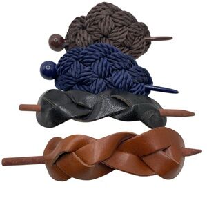 Elegant Braided Leather Hair Clip Set - Black, Brown, Navy